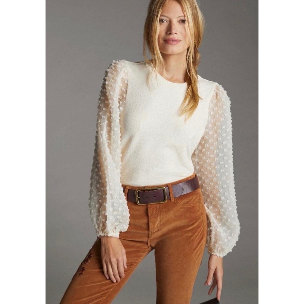 Maeve by Anthropologie Textured-Sleeve Top Cream Swiss Dot Sheer Women's XS